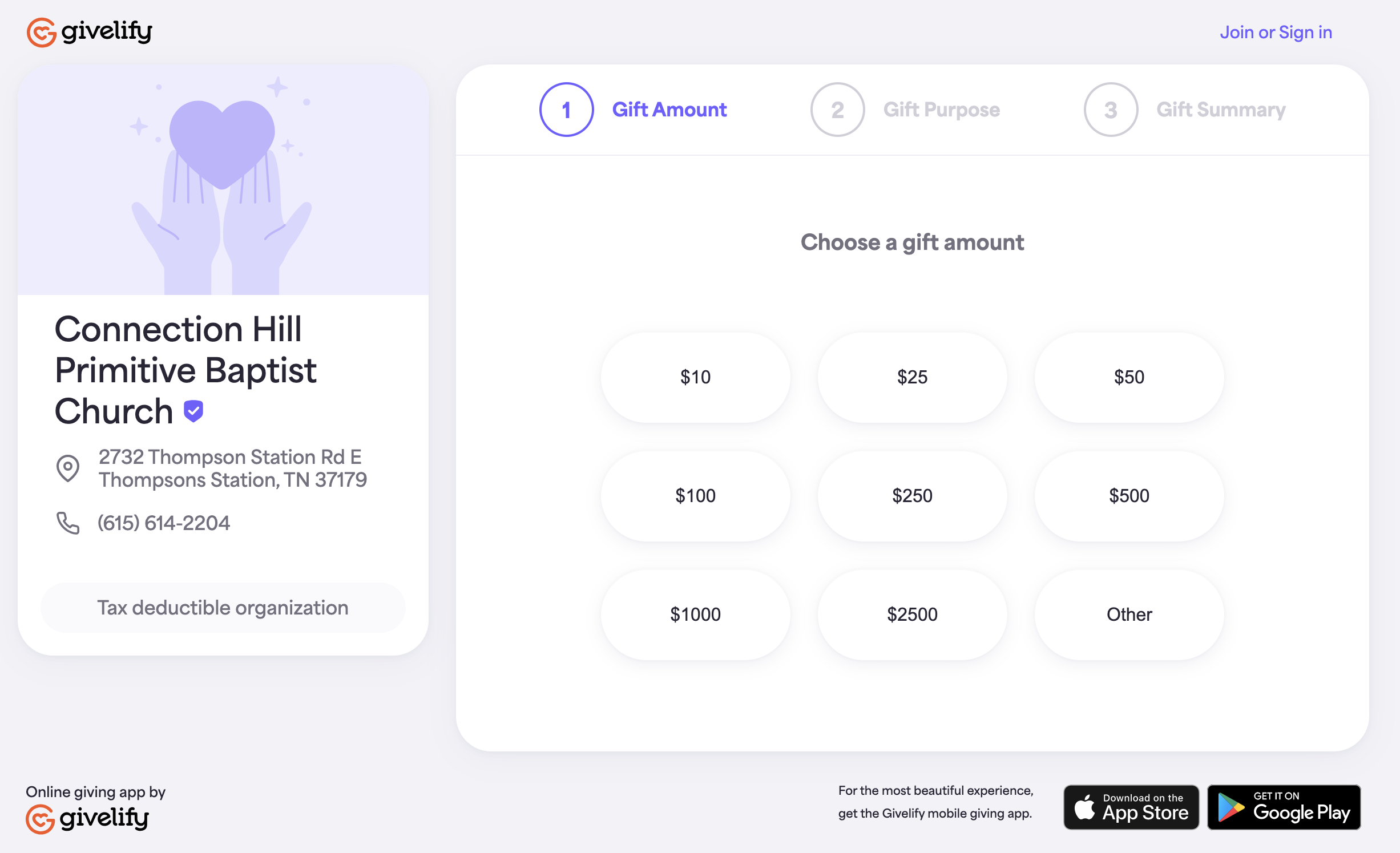 screenshot of givelify online giving app